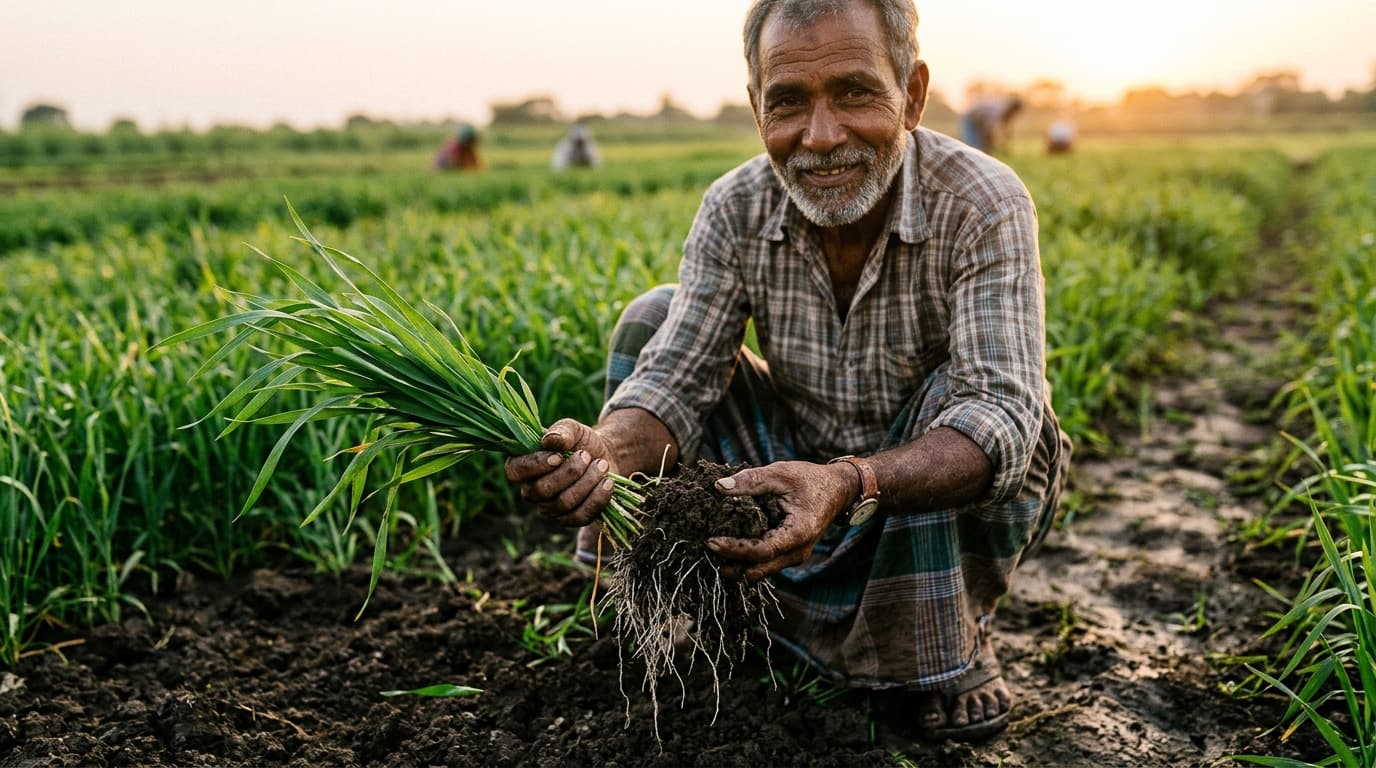 Smallholder farmer inspecting healthy soil and crop roots