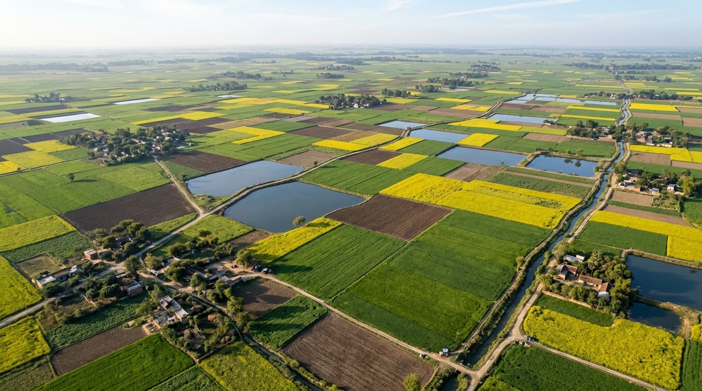 Lush agricultural mosaic of crop rotation fields in Bengal delta